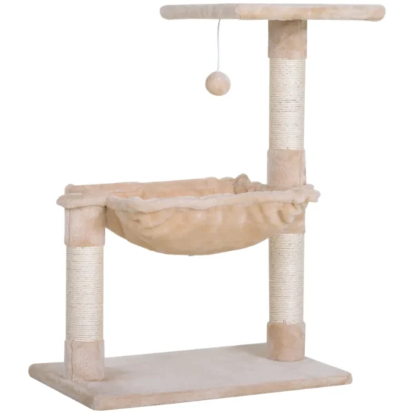 Cat Tower max 3.6kg with Hammock and Hanging Ball, in Wood and Plush, 50x36x70 cm, Beige
