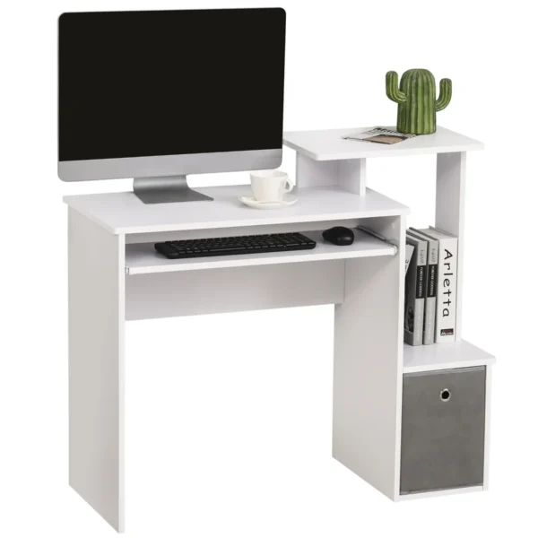 Modern PC Desk with Keyboard Shelf, Fabric Shelf and Drawer, Wooden, 100x40x86.6cm, White