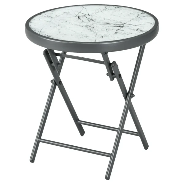 Folding Garden Coffee Table with Marble Effect Glass Top, Ø45x50cm, Grey