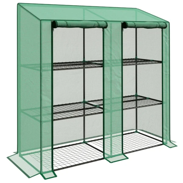 Garden Greenhouse with PE Cover, 6 Shelves and 2 Roller Doors, 143x46x151cm, Green