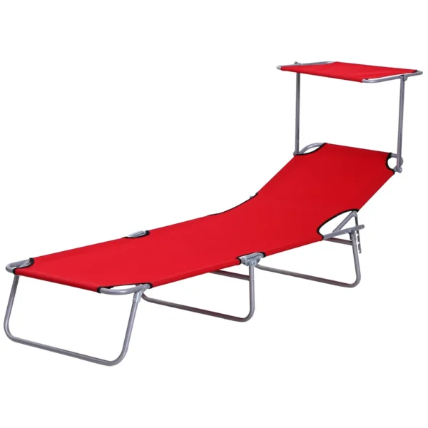 Folding Garden Lounger with Adjustable Canopy and 4-Level Reclining Backrest, Red