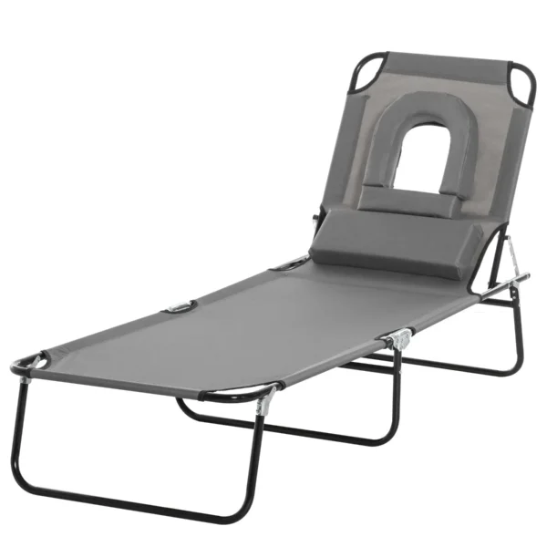 Folding Sun Lounger with Padded Face Hole and Reclining Backrest, Grey