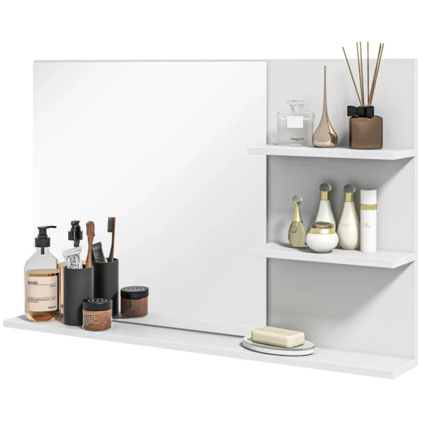 Wall Mounted Bathroom Mirror with 2 Side Shelves and Bottom Shelf, MDF and Glass, 75x10x48 cm, White