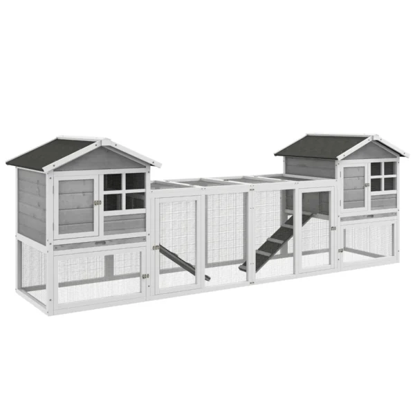 Outdoor Wooden Rabbit Hutch with 2 Houses and Open Enclosed Area with Doors and Ramps, 259x64x92 cm, Grey
