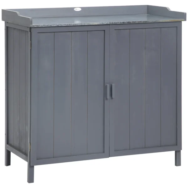 Outdoor Wooden Cabinet with Metal Top and 2 Tool Shelves, 98x48x95.5 cm, Grey