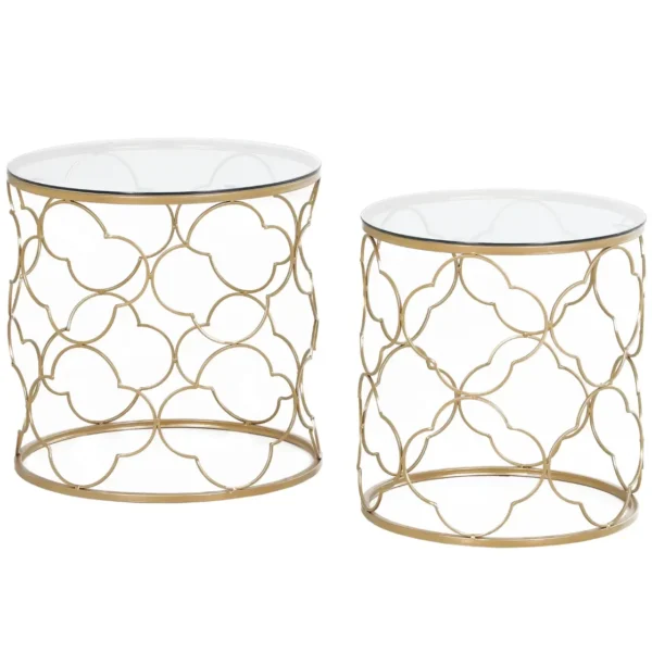 MYKONOS - Set of 2 Art Deco Metal Nesting Coffee Tables with Glass Top, Gold