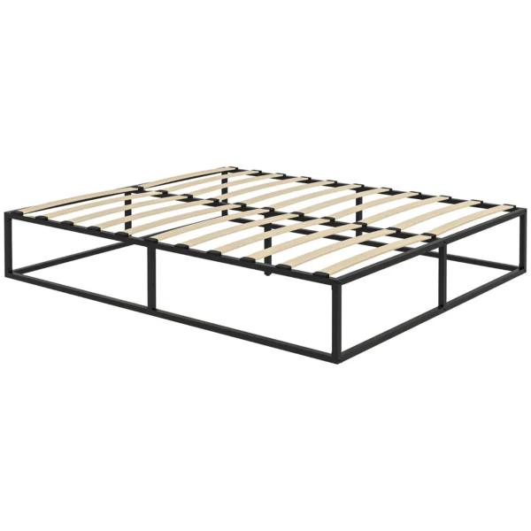 Bed Frame with Plywood Slats and Lower Container, 190x160x35cm, Black and Wood Color
