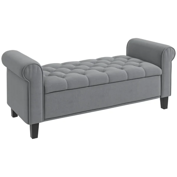 Velvet Fabric Bed End Bench with Storage Space and Armrests, 126x48.5x57 cm, Grey