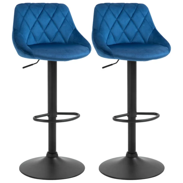Set of 2 Bar Stools, Adjustable Height with Metal Base and Velvet Seat, Modern Stools with Backrest and Footrest, 46x48x83-104cm, Blue