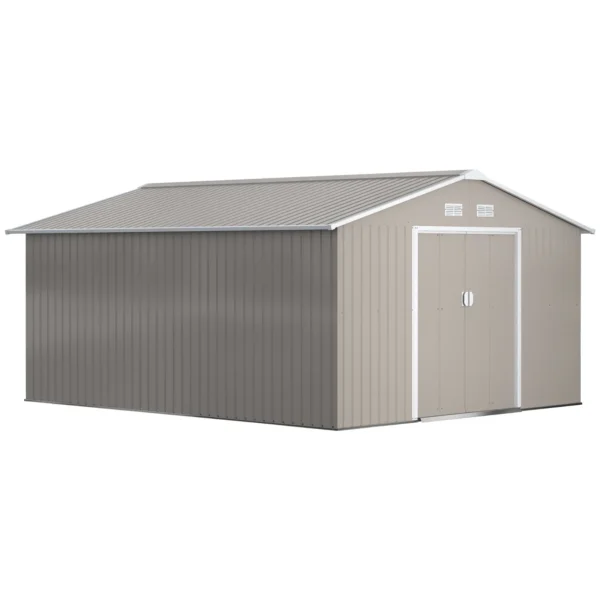 Garden Shed with Sliding Doors and Sloping Roof, Steel, 340x386x200 cm, Grey