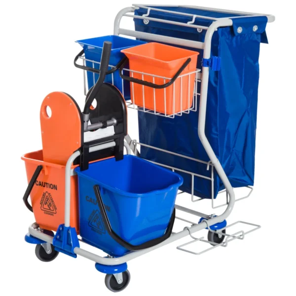 Professional Cleaning Trolley with Garbage Bag, 2 18L Floor Mop Buckets, 2 6L Storage Buckets, Mop Wringer, Hook and Wheels for Hotels and Inns, 93x80x97 cm, Orange