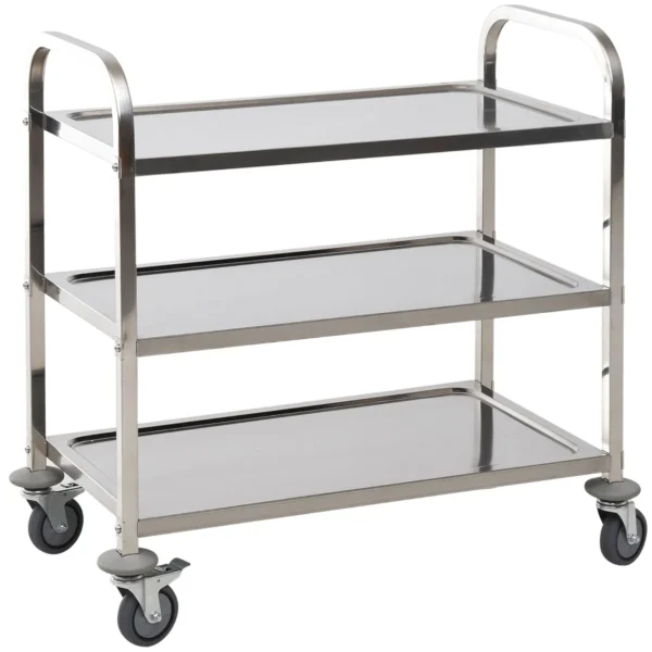 Restaurant / Hotel Kitchen Cart 3 Open Shelves 4 Omnidirectional Wheels with 2 Brakes Anti-Collision Bearings 430 Stainless Steel Silver 85x45x90cm