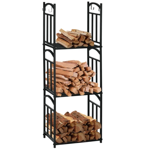 3-Tier Separable Metal Indoor and Outdoor Log Rack with Tool Hooks, Black