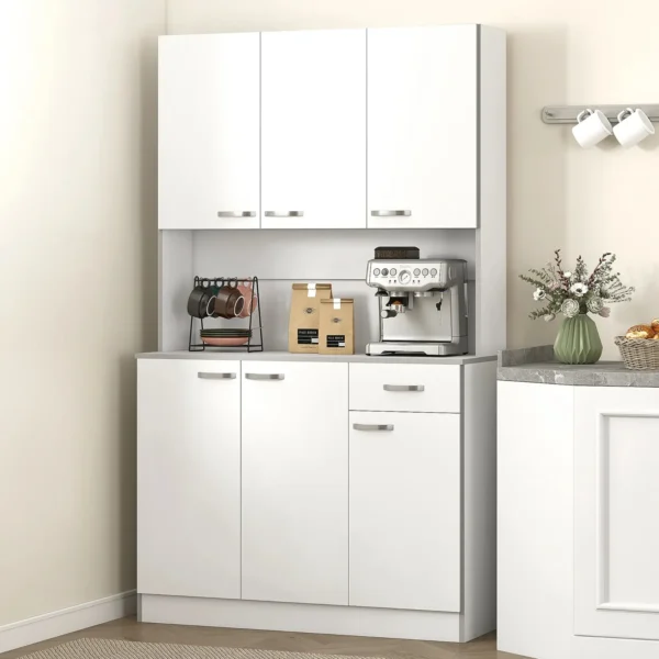 Modern Kitchen Sideboard with Drawer and Cabinets, in Wood, 101x39x180 cm, White and Grey