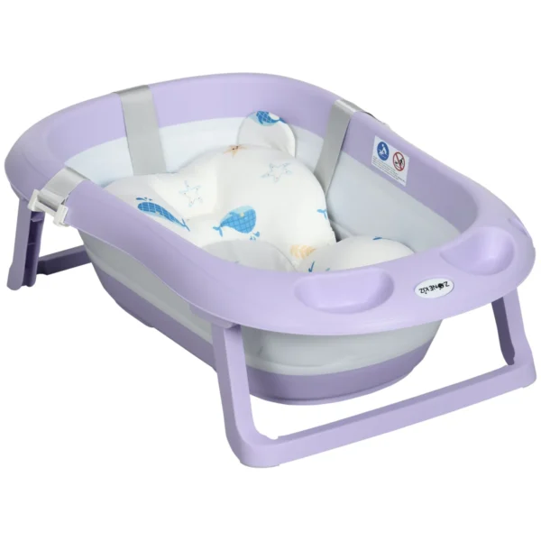 Foldable Baby Bath Tub for 0-6 Years Old with Cushion and 2 Shelves, 83x48x23.5 cm, Purple and White