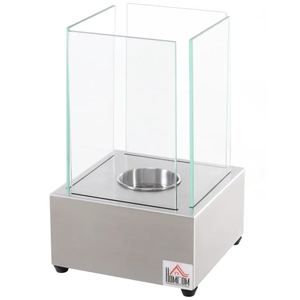 Tabletop Bioethanol Fireplace with 0.4L Burner, Steel and Glass Biofireplace for Indoor and Outdoor Use, 20x20x33cm, Silver
