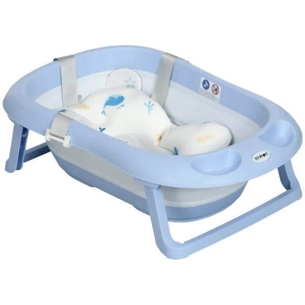 Foldable Baby Bath Tub for 0-6 Years Old with Cushion and 2 Shelves, 83x48x23.5 cm, Blue and White