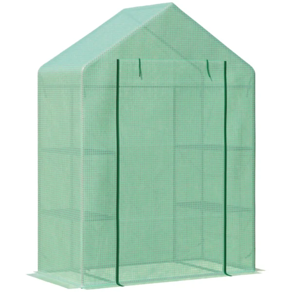 Steel and PE Plastic Garden Greenhouse with 4 Shelves, Ropes and Stakes, 141x72x191 cm, Green