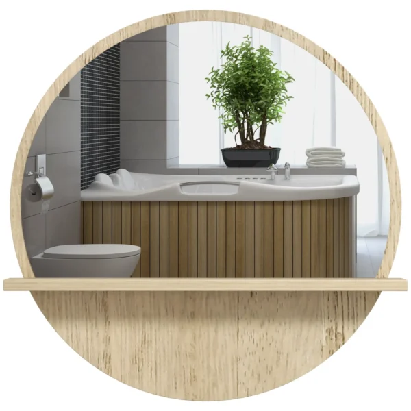 Round Bathroom Mirror in Chipboard and Glass with Storage Shelf and 2 Rear Hooks, Ø45x10 cm