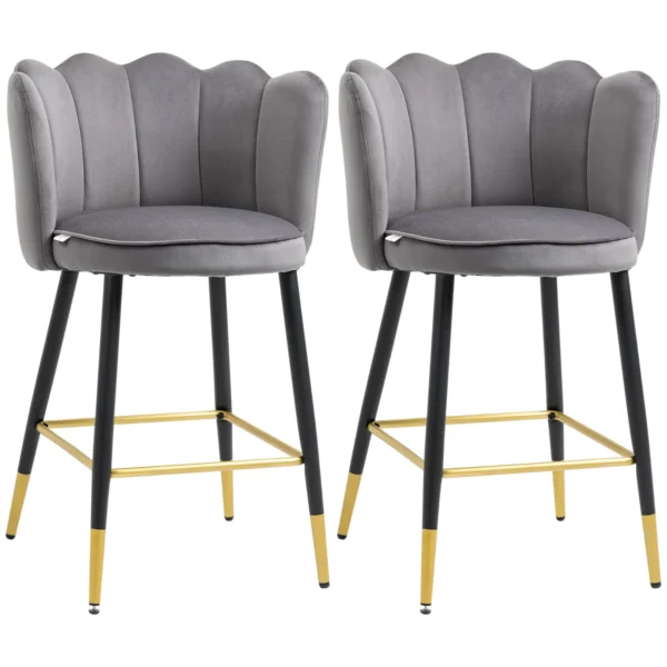 Set of 2 Velvet Bar Stools with Footrest and Steel Base, 59x52x90cm, Grey