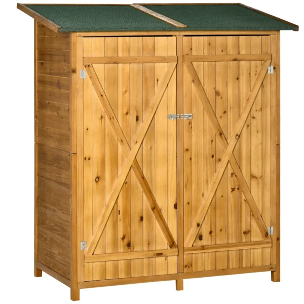 2-Door Wooden Garden Shed with 2-Tier High Stool and Water-Repellent Roof, 140x75x157 cm