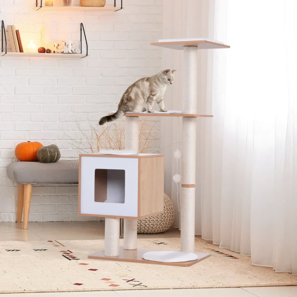 Cat Scratching Post Height 120cm with Kennel Platforms and Sisal Toys, MDF 71.5x49. 5x120cm Wood, White