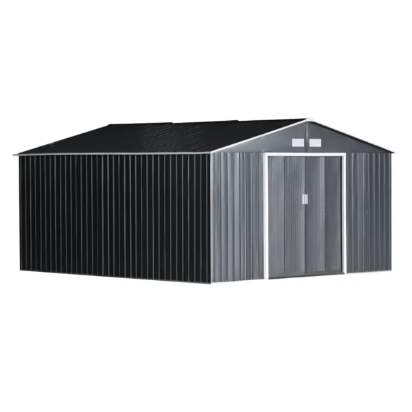 Garden Shed 12.4m² with 4 Vents and 2 Sliding Doors, Steel Sheet Tool Shed, 340x386x200 cm, Black