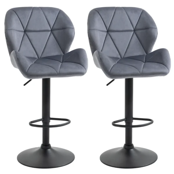 Set of 2 Bar Stools with Adjustable Height, Metal Base, Velvet Seat, High Swivel Kitchen Stools with Backrest and Footrest, 51.5x57. 5x93-114.5cm, Grey