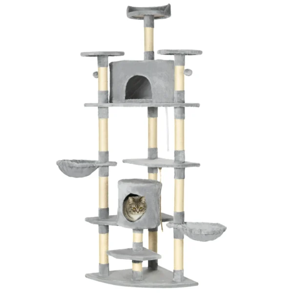 Cat Tree for cats with Scratch Pole, with houses and hammocks, 60x60x200cm, light Grey