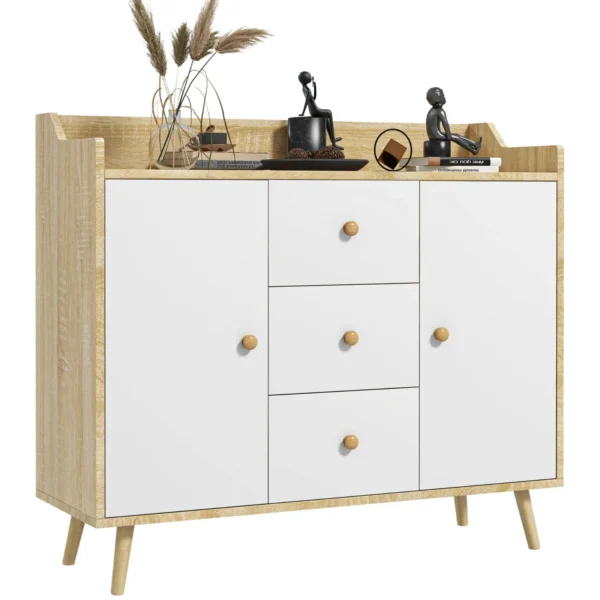 Modern Sideboard in Chipboard and Pine Wood with 3 Drawers and 2 Cabinets on 2 Levels, 90x32x80H cm