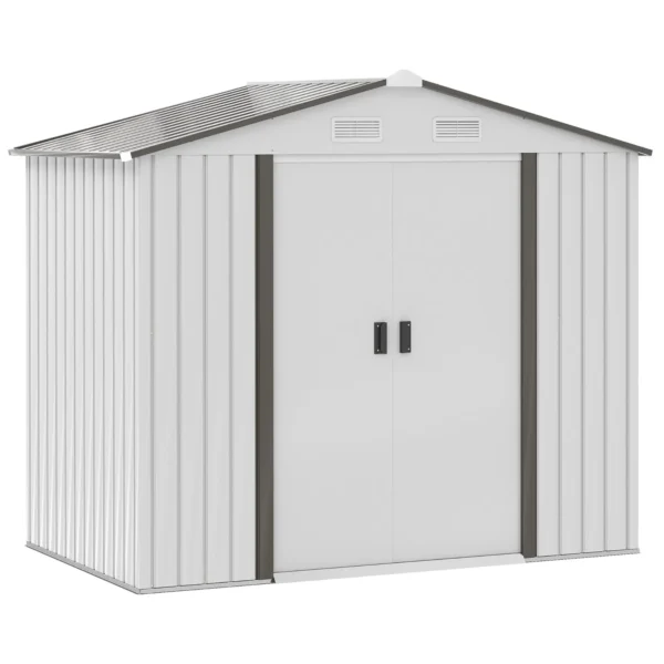 Steel Tool Shed, Garden Shed with Sliding Doors, 213x130x185 cm, White