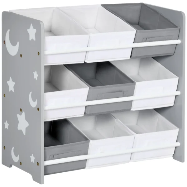 Toy Cabinet with 9 Removable Baskets in MDF and Fabric, 63x30x60cm, Grey and White