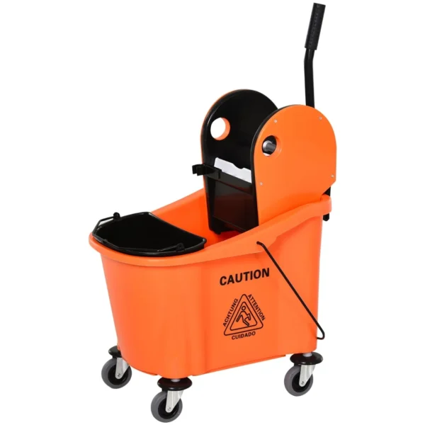 36L Professional Mop Bucket, Floor Cleaning Trolley with Manual Wringer and 2 Buckets, Orange and Black