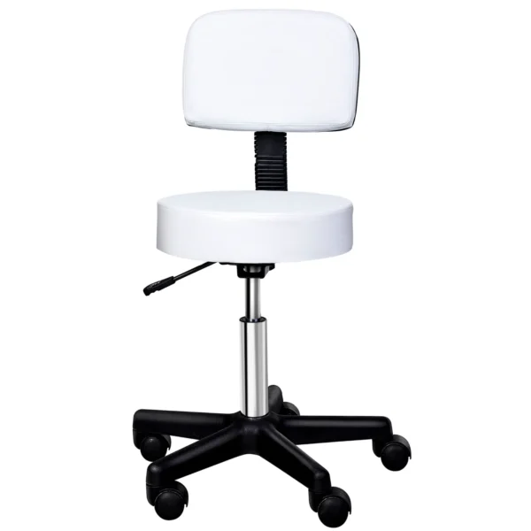 Swivel Stool with Backrest, Adjustable Height and 5 Wheels in White PU Leather for Home or Shop