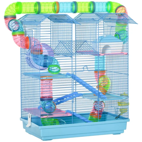 5-Tier Hamster and Rodent Cage, Hamster Cage with Colored Tubes, Wheel, House and Accessories Included, 47x30x59 cm, Blue