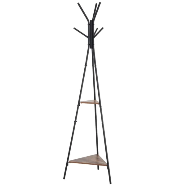 Coat Rack with 2 Shelves and 6 Hooks, Industrial Style Tree Coat Stand, 46x52x182 cm, Black and Brown