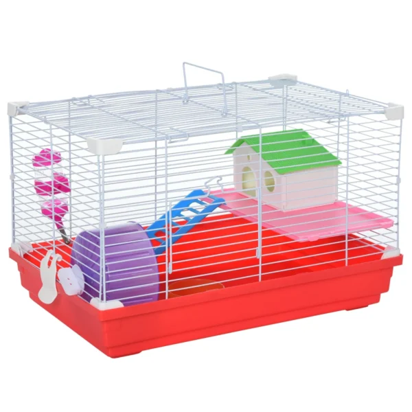 2-Tier Metal and PP Hamster Cage with House, Water Tank and Wheel, 47x30x27 cm