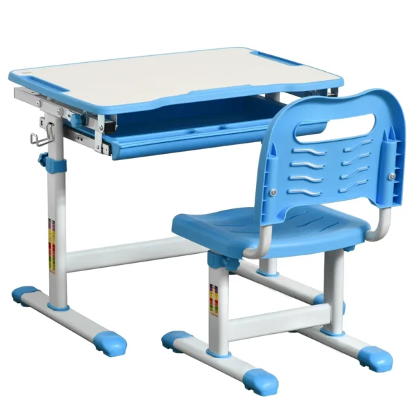 School desk with height adjustable chair for children 6-12 years, drawer and tilted plan at 45 Â°, steel and mdf, blue