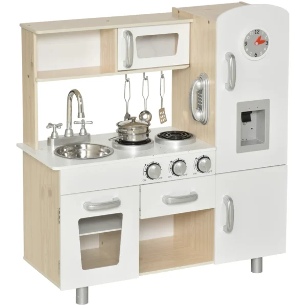Wooden Toy Kitchen for Children with Sink and Stove, Steel Pots and Utensils, 74x30x81cm, White