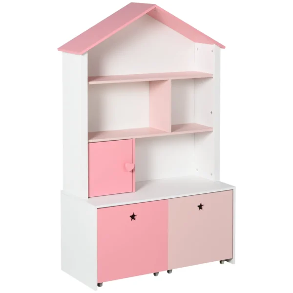 Pink Bookcase Toy Storage Shelf for Children's and Teens' Bedroom with 2 Pull-Out Drawers, 80 x 34 x 130 cm
