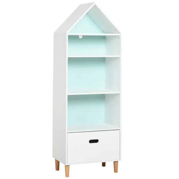 Bookcase Toy Storage Shelf for Children's and Teens' Bedrooms, 1 Drawer and 4 Shelves, White and Blue 50x30x142cm