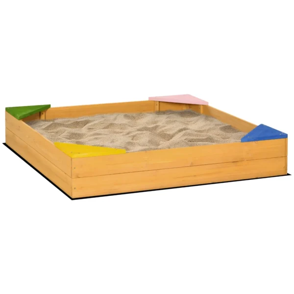 4-Seater Children's Sandpit in Fir Wood with Bottomless Design, 109x109x19.8 cm