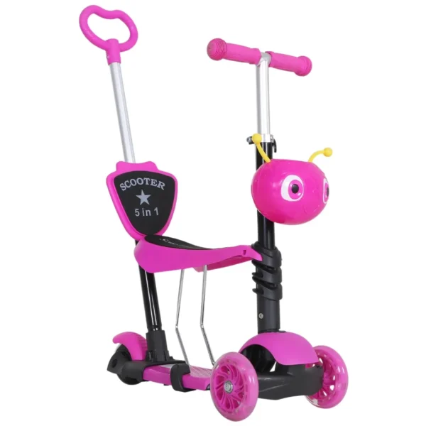 Scooter for Kids with Seat and Handlebar, 5 in 1 Height Adjustable Handlebar, 62x25x72.5cm Pink