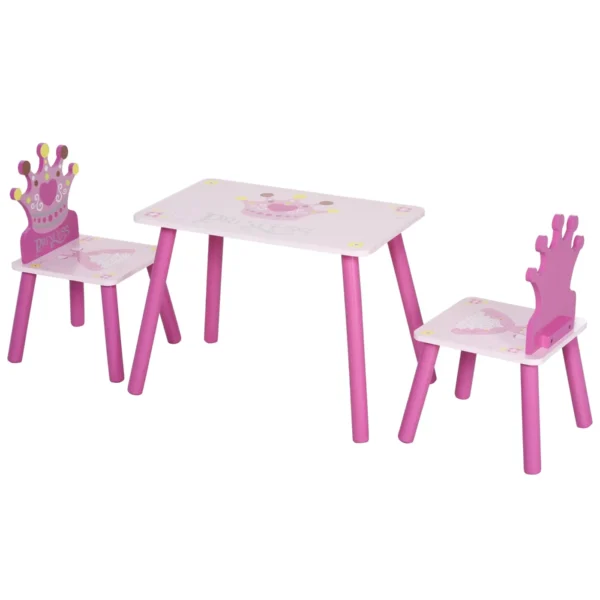 Princess Themed Table and 2 Chairs Set for Children's Bedroom in Pink Wood with Crown-Shaped Backrest