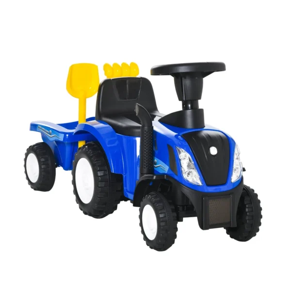 Children's Ride-On Tractor with Trailer, Rake and Shovel, Educational Toy for Babies 12-36 Months, 91x29x44cm, Blue