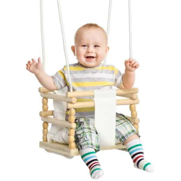 Baby Swing 9-36 Months Wooden and Cotton with Adjustable Rope and Cushion, 30x30x110-180 cm