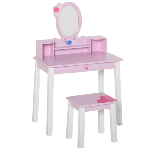 Wooden Dressing Table for Girls +3 Years, Toy Makeup Table Set with Mirror and Stool, Pink
