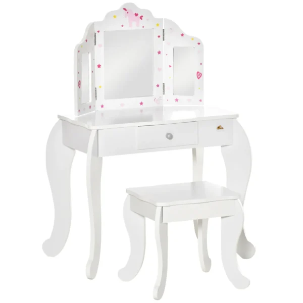 Children's Dressing Table with Stool, Makeup Table with Triple Mirror and Drawer, 63x40x85.5cm, White