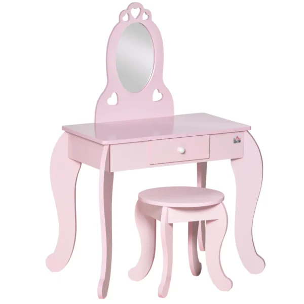 Children's Dressing Table with Wooden Stool, Dressing Table with Mirror and Drawer, 60x36x88cm, Pink