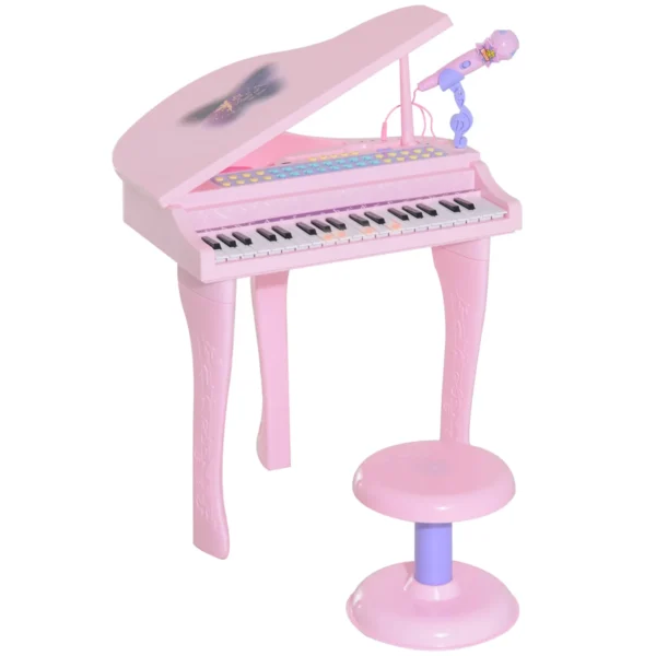 Children's Toy Piano, Electric Musical Instrument with 37 Illuminated Keys, Microphone and Stool Included, 48x39x69 cm, Pink